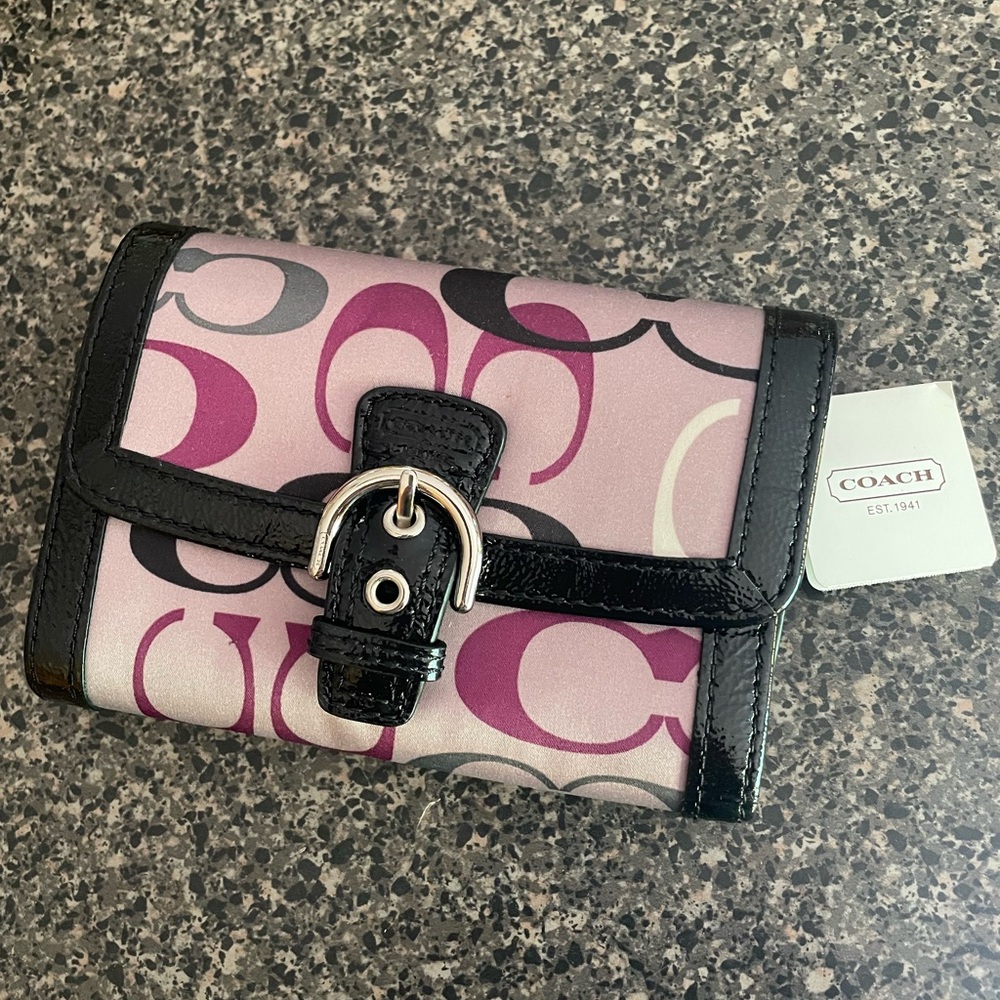 Coach rare Y2K satin and Black Leather OPT Print clutch